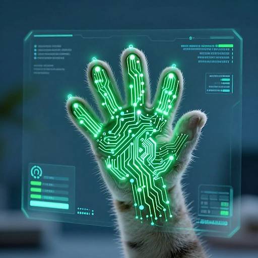 Photograph of a furry hand with glowing green circuitry patterns on fingers, set against a digital holographic interface in a blue-lit room.