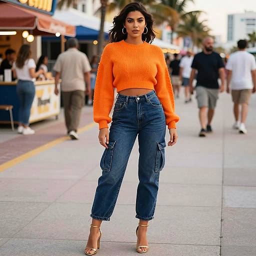 Photograph of a confident woman with medium skin, dark wavy hair, wearing an orange sweater, high-waisted blue jeans, and gold sandals