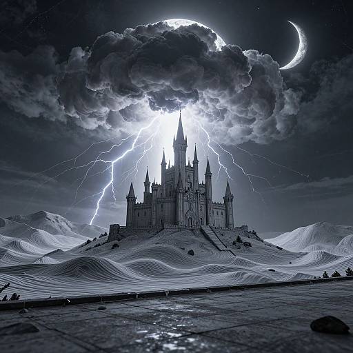 Digital art: A dark, stormy night with a glowing, lightning-filled cloud over a towering, gothic castle atop snow-covered mountains, under a