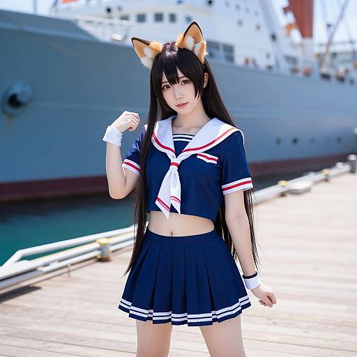 Photograph of an Asian woman with long black hair and fox ears, wearing a navy blue sailor school uniform, standing on a sunlit dock with a