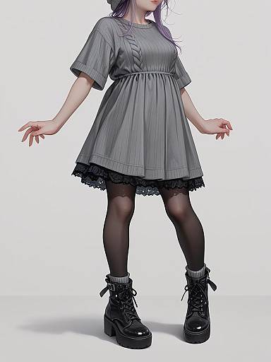 Photograph of a woman in a gray, ribbed, short-sleeve dress with black lace trim, black tights, and black platform boots