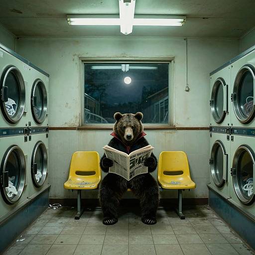 Photograph of a bear in a laundry room, sitting on yellow chairs, reading a newspaper, surrounded by industrial washing machines.