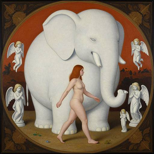 Digital art: Nude red-haired woman walks past large white elephant, surrounded by five white-winged angel statues, against a dark, fiery red background.