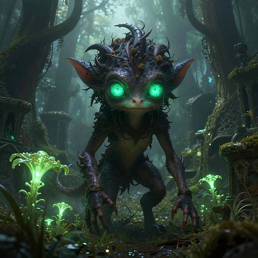 Digital CGI fantasy image of a dark, hairy, goblin-like creature with glowing green eyes, crouching in a misty, luminescent