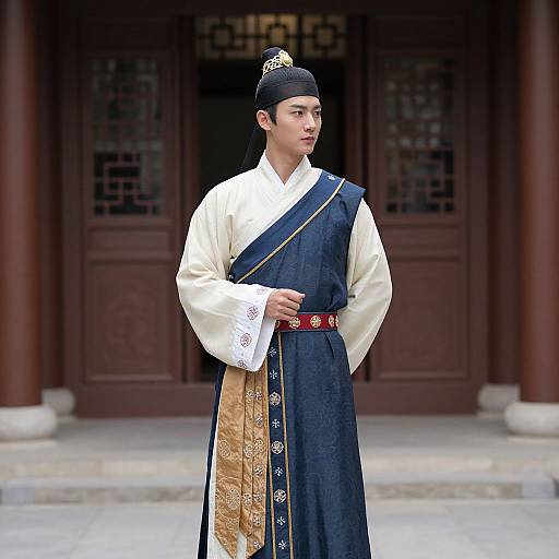 Photograph of a young Asian man in traditional Korean royal attire, standing in front of a wooden building, wearing a black hat, white shirt, blue