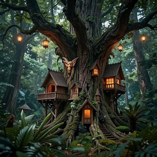 Fairy-tale forest treehouse with glowing lanterns, wooden cabins, and a wooden owl perched on the trunk, surrounded by lush greenery