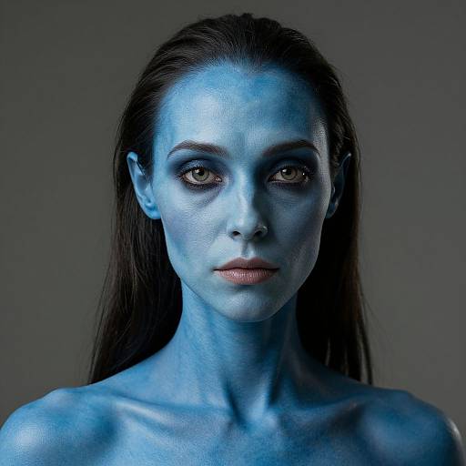 Photograph of a woman with blue-painted skin, brown hair, and intense expression, set against a gray background. Her eyes are brown, and