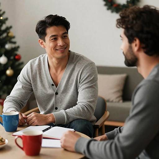 Two Men Conversing in Cozy Room with Christmas Decorations