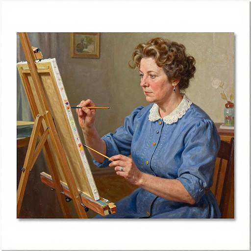 Photograph-style painting of a middle-aged woman with curly brown hair, wearing a blue dress with white collar, painting on an easel in a softly