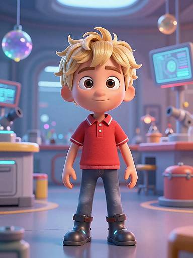 3D Cartoon Teen Boy in Futuristic Science Lab
