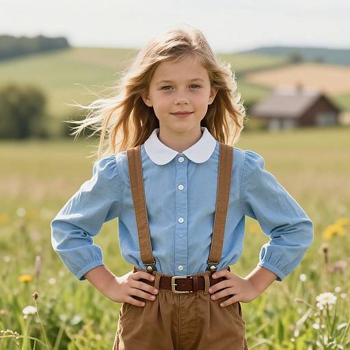 Photograph of a smiling young girl with light brown hair, wearing a light blue shirt, brown suspenders, and brown pants, standing in a sunny