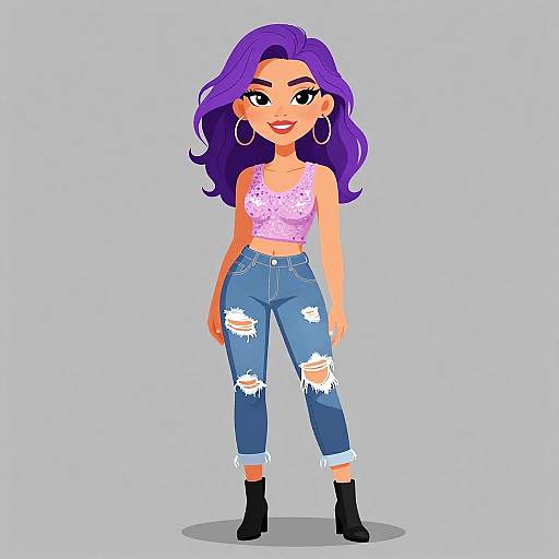 Digital illustration of a young woman with vibrant purple hair, wearing a pink polka-dot crop top, ripped blue jeans, black ankle boots, and large