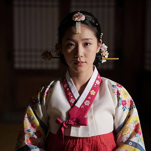 Photograph of an Asian woman in traditional Korean hanbok with colorful floral patterns, red accents, and ornate hair accessories, standing in a dim