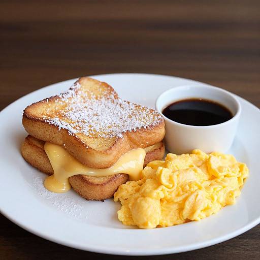 Photograph of a white plate with toasted grilled cheese sandwich, melted cheese oozing, scrambled eggs, and a small cup of black coffee on a