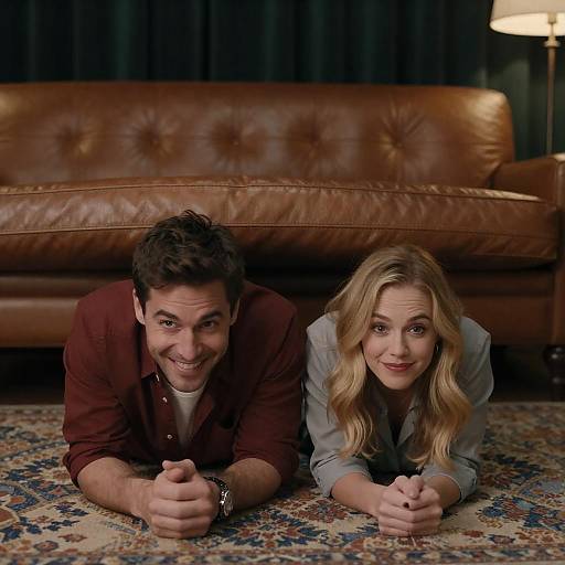 Playful Couple Hiding Under Couch
