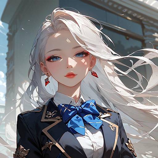 Silver-Haired Schoolgirl on Rooftop Skyline