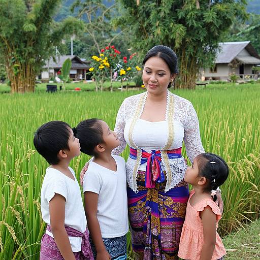 Photograph of an Asian woman in traditional attire, smiling with three young children in white and pink shirts, standing in a vibrant green rice field with trees