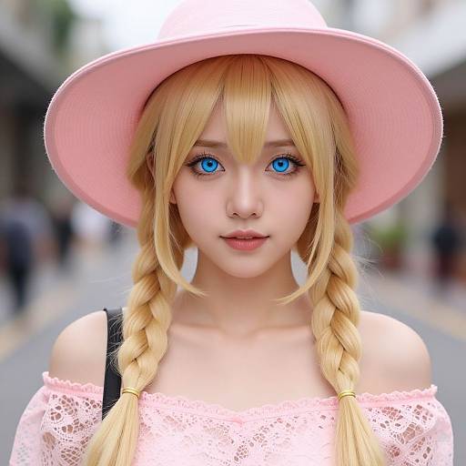 Digital art of a blonde anime girl with blue eyes, wearing a pink hat, lace off-shoulder top, and braided hair, standing on