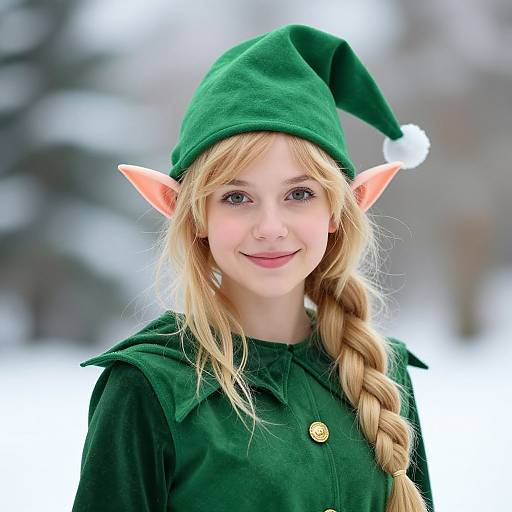 Photograph of a young blonde girl with fair skin, elf costume with green hat and pointed ears, smiling in snowy forest.