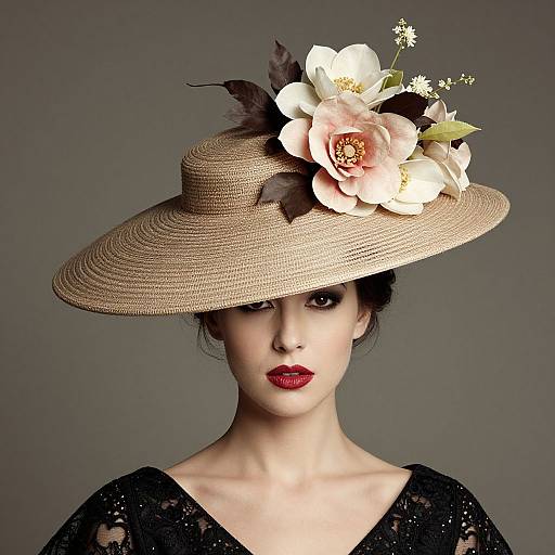 Photograph of a fair-skinned woman with red lipstick wearing a large, beige, straw hat adorned with white flowers and black feathers, against a grey