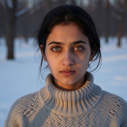 Photograph of a young woman with dark hair and green eyes, wearing a gray knitted turtleneck, standing in a snowy forest.