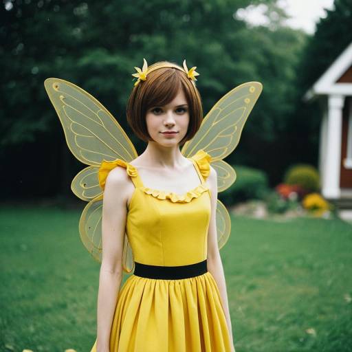 Young Woman in Yellow Fairy Costume Outdoors
