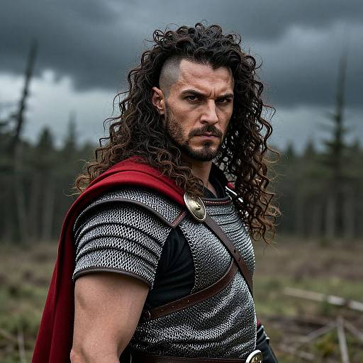Photograph of a muscular man with long, curly black hair, wearing silver chainmail armor, a red cape, and intense expression, set against a