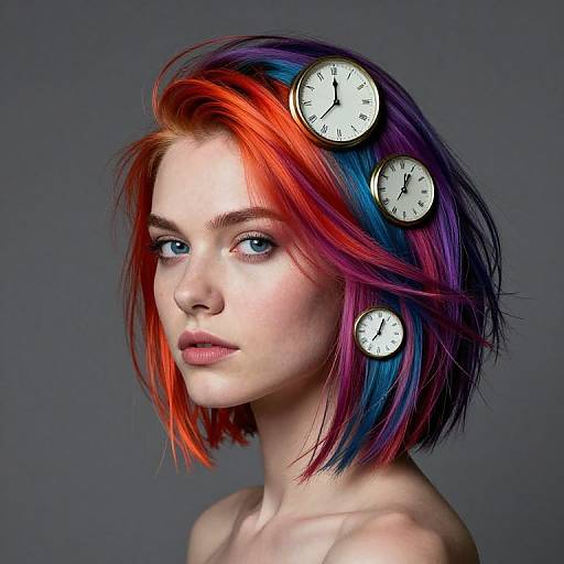 Photograph of a pale-skinned woman with vibrant red, orange, and purple hair, wearing three clock faces on her head, against a gray background