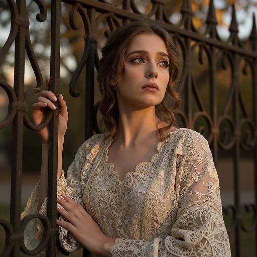 Photograph of a young woman with wavy brown hair, wearing a delicate lace dress, standing by a wrought iron gate at sunset, with a reflective