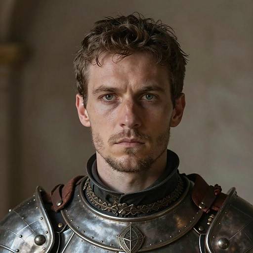 Photograph of a serious, blue-eyed, bearded man with short, tousled brown hair in medieval-style, polished steel armor with intricate detailing.