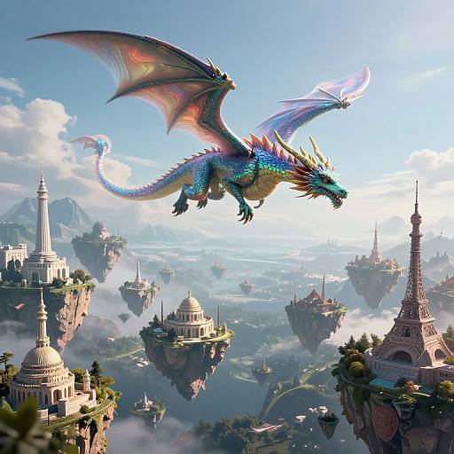 Digital fantasy artwork of a colorful, dragon with iridescent scales and large wings soaring over a floating cityscape with domes and towers.
