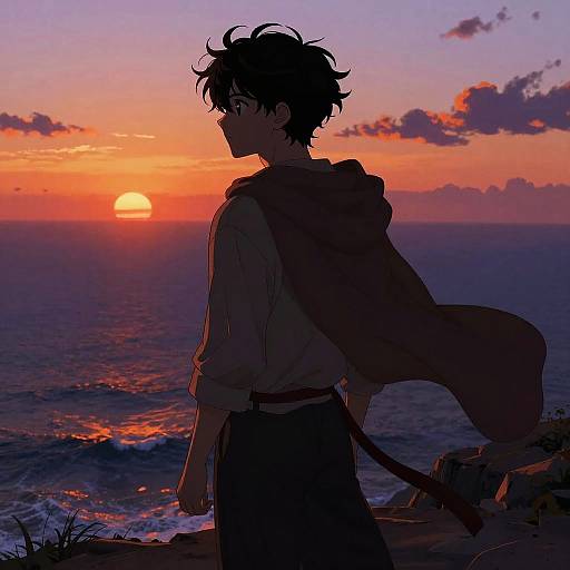 Anime-style drawing of a silhouetted young man with messy hair, wearing a hooded cloak, standing on a rocky cliff at sunset, ocean