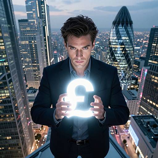 Photograph of a serious, dark-haired man in a black suit holding a bright flashlight, standing on a skyscraper rooftop at night, with a city