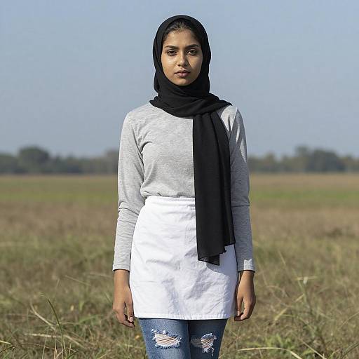 Photograph of a young South Asian woman with medium brown skin, black hijab, gray long-sleeve shirt, white skirt, and ripped blue