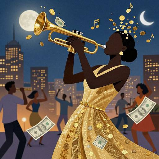 Illustration of a dark-skinned woman in a gold, coin-patterned dress playing a trumpet, surrounded by money and city lights at night.