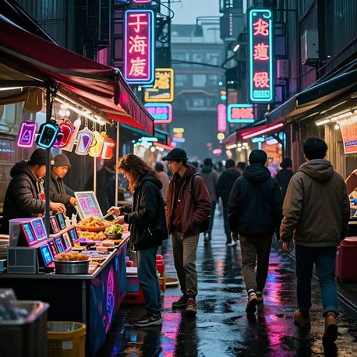 Photograph of a vibrant, neon-lit, rainy night market with Asian-style signs, colorful food stalls, and people in winter clothing walking.