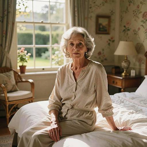 Photograph of an elderly white woman with short gray hair, wearing a cream button-up dress, sitting on a sunlit bed in a floral-patterned