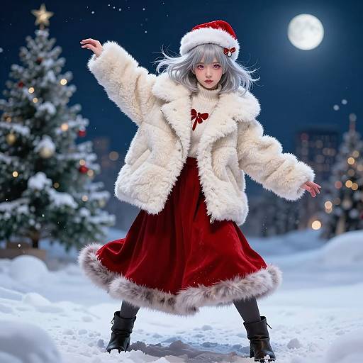 Digital art of a silver-haired girl in a red Santa dress and white fur coat, dancing in snowy night, moonlit, Christmas trees.