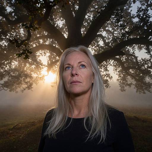 Photograph of a middle-aged woman with long, straight, silver hair, wearing a black top, standing in front of a misty, sunlit