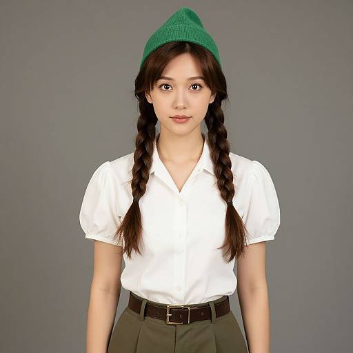 Photograph of an Asian woman with braided brown hair, green knit beanie, white short-sleeve shirt, black belt, and olive green