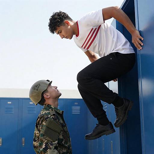 Young Man Climbing Over Soldier by Blue Lockers