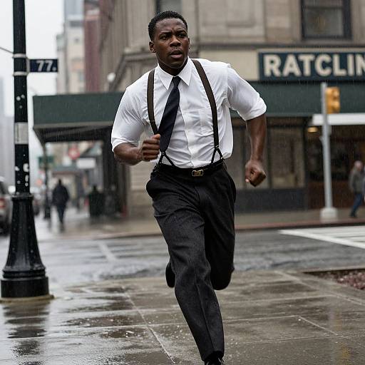 Photograph of a muscular Black man in a white shirt, black tie, and suspenders, running on a wet city street past a 