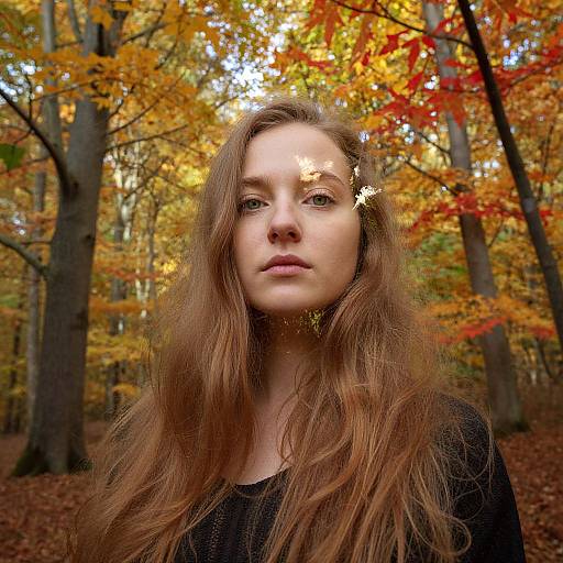 Photograph of a young woman with long, wavy brown hair, wearing a black top, standing in a forest with vibrant autumn leaves in yellow,