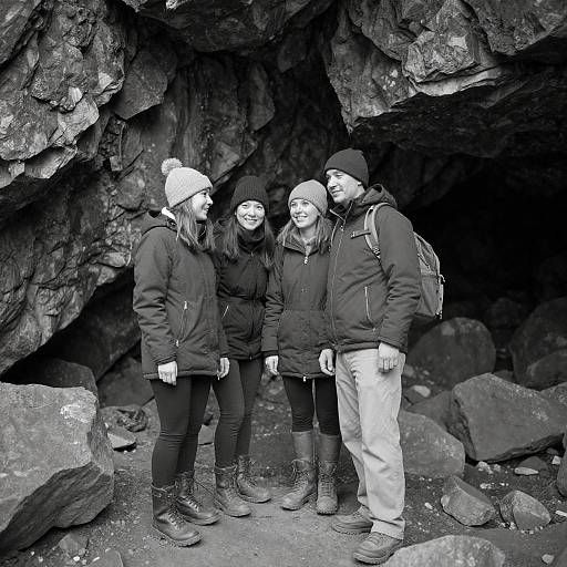 Black-and-White Cave Winter Group Portrait