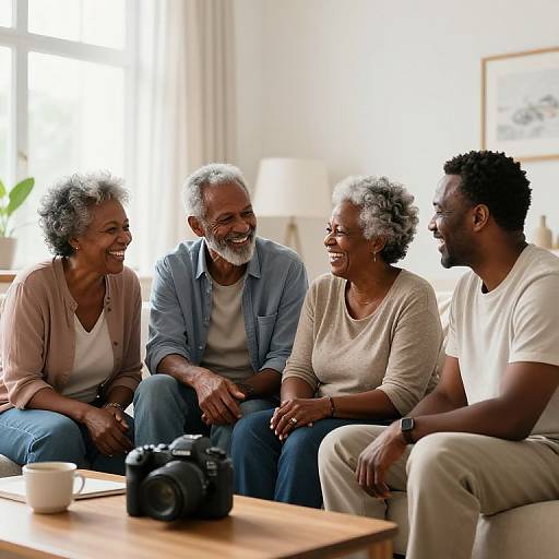 Photograph of four laughing, elderly friends (two women, two men) with gray hair, sitting on a wooden coffee table in a bright, modern