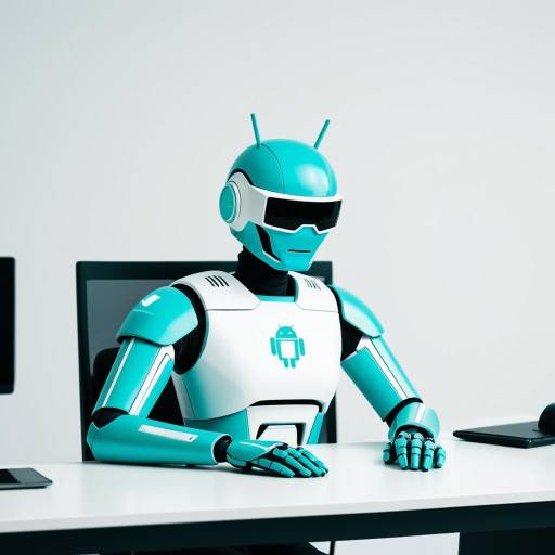 Futuristic Android Robot at Office Desk