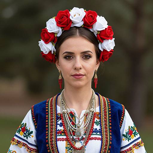 Photograph of a young woman with fair skin, dark hair, wearing a red and white flower crown, traditional embroidered dress, and multiple gold necklaces