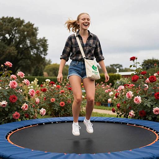 Young Woman Jumping on Trampoline in Rose Garden