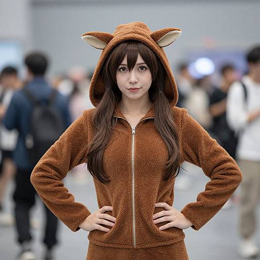 Photograph of a young woman with long brown hair, wearing a brown fuzzy animal hooded outfit with ears, standing confidently with hands on hips, in