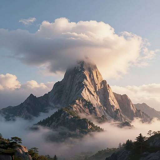 Photograph of a towering, sunlit mountain peak with rugged textures, surrounded by misty clouds and evergreen trees, under a clear blue sky.
